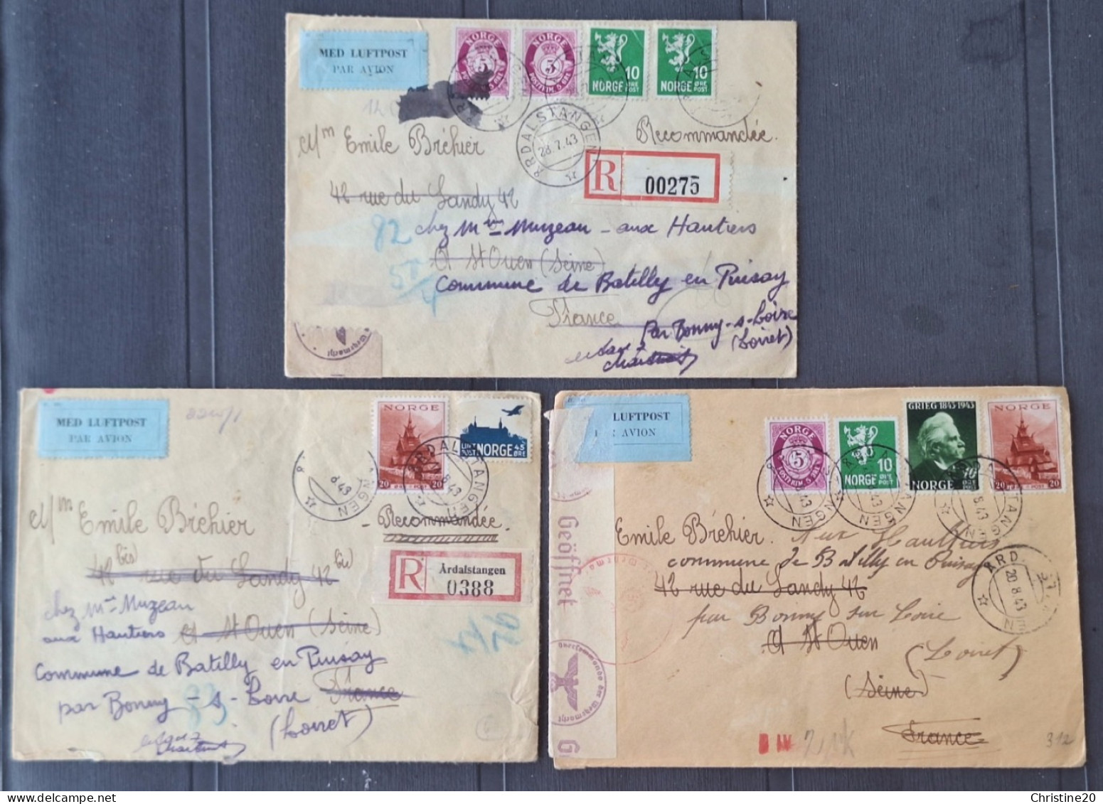 Norvège 1943 3 Lettres Avec Censure Allemande Et Réexpédition TB - Briefe U. Dokumente