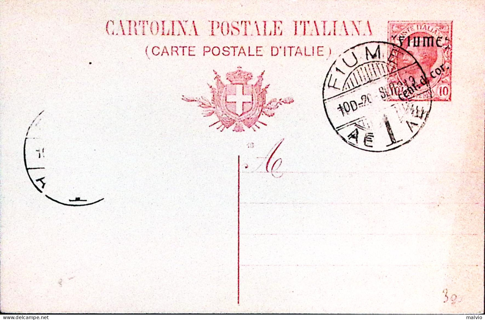 1919-FIUME Cartolina Postale Leoni C.10 Mill. 18 Sopr.Fiume/cent . Di Cor. Timbr - Entiers Postaux