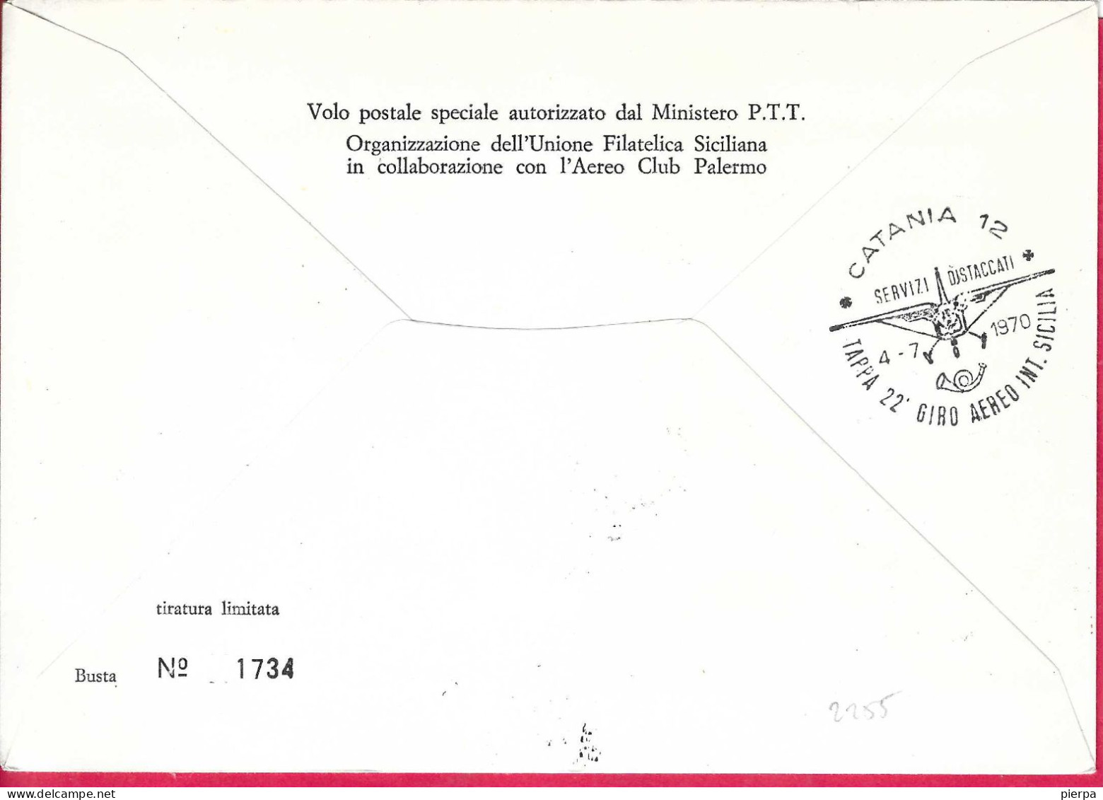XXII GIRO AEREO DI SICILIA - PALERMO/CT/PALERMO *4.7.1970* - ANNULLO SPECIALE SU BUSTA GRANDE UFFICIALE- FIRMA PILOTA - Airmail