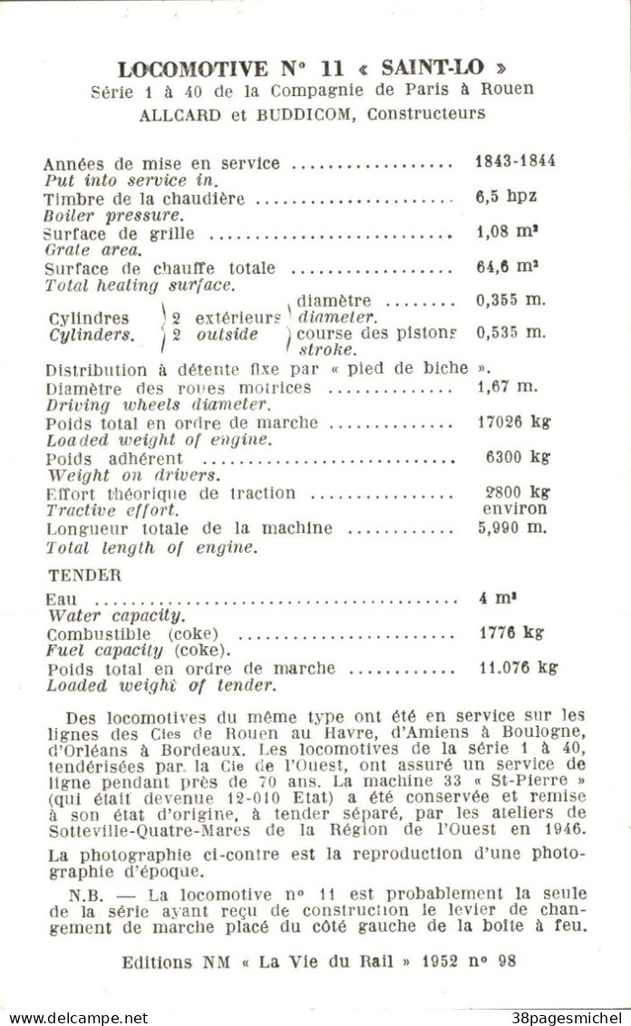 K0303 - LOCOMOTIVE N° 11 "SAINT LO" - Chemin De Fer