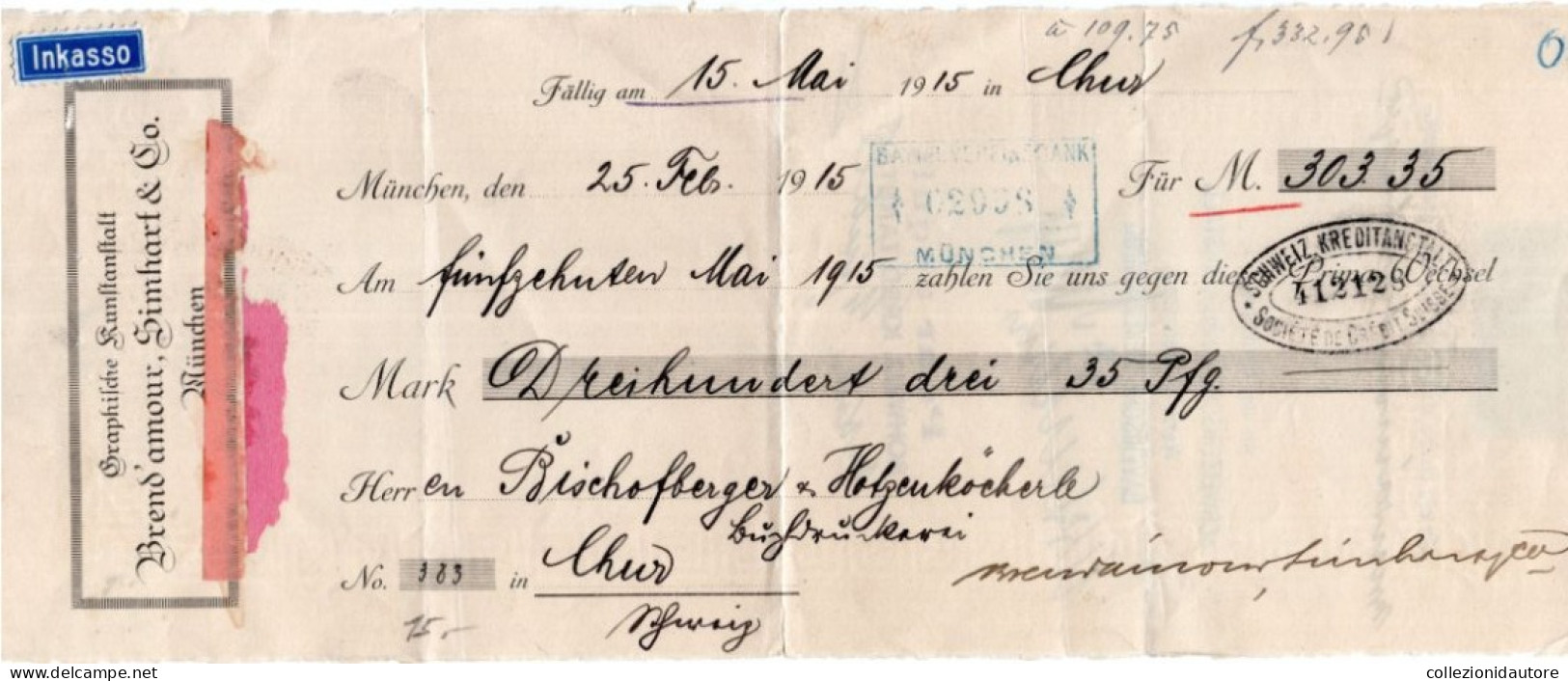 SWITZERLAND - INKASSO - CAMBIALE DEL 25.02.1915 DI 303,35 MARK - MÜNCHEN - CHUR - Bills Of Exchange