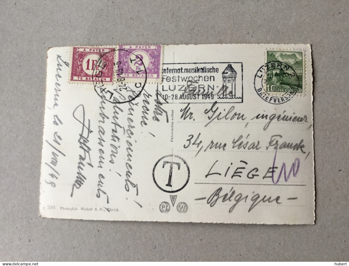 CP Taxée En Belgique De Luzern Suisse Pour Liège En 1949 - Covers & Documents