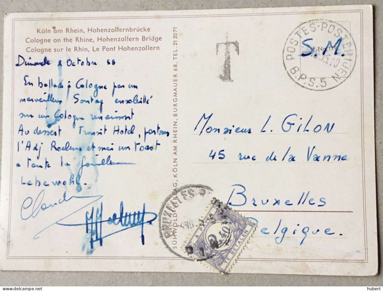 CP Taxée En Belgique De Koln Vers Bruxelles Oblitération Postes-Posterijen BPS 5 En 1955 - Brieven En Documenten