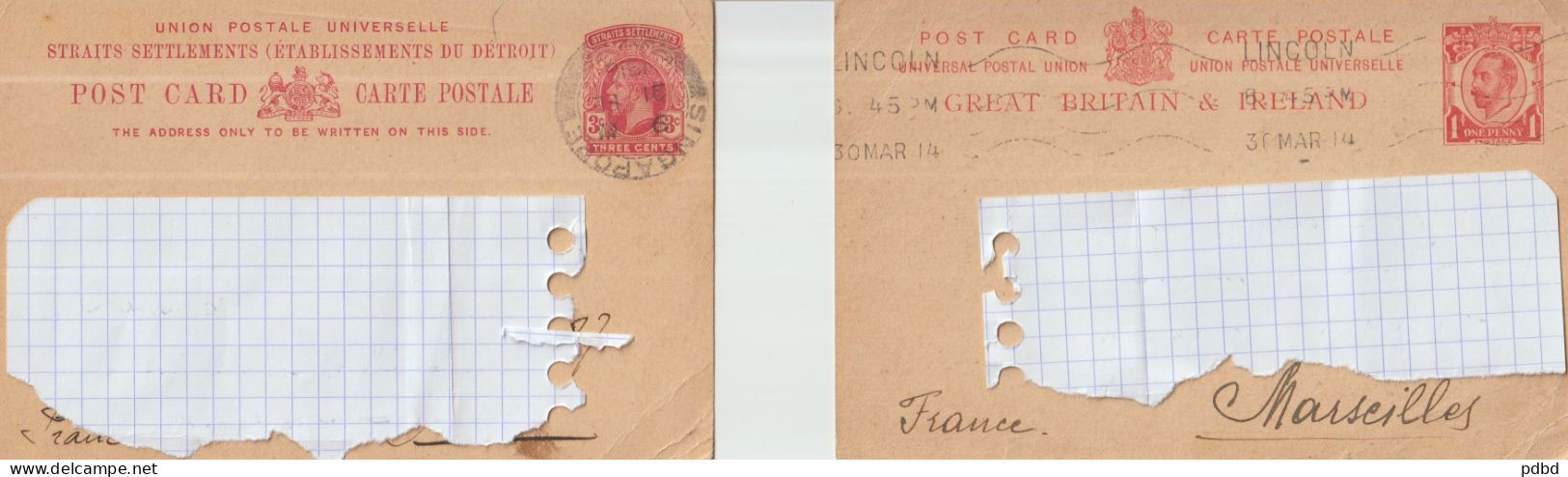 VP 07 . Singapour . 1914 .  3 Cents Et 1 Penny  . 2 Entiers Postaux . STRAITS SETTLEMENTS . - Singapur (...-1959)