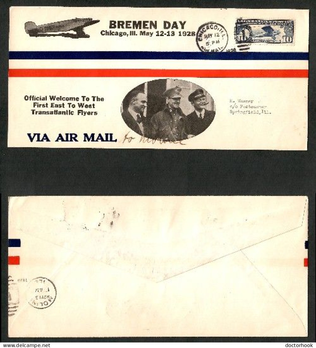 "BREMEN DAY---CHICAGO" FIRST EAST WEST FLIGHT---BREMEN FLYERS---2 COVERS (MAY12 And 13/1928) (OS-769) - Event Covers