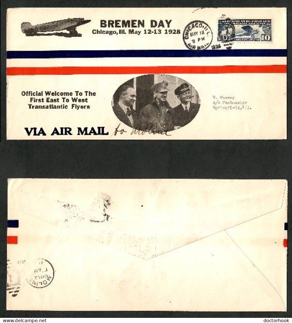 "BREMEN DAY---CHICAGO" FIRST EAST WEST FLIGHT---BREMEN FLYERS (MAY 12/1928) (OS-771) - FDC