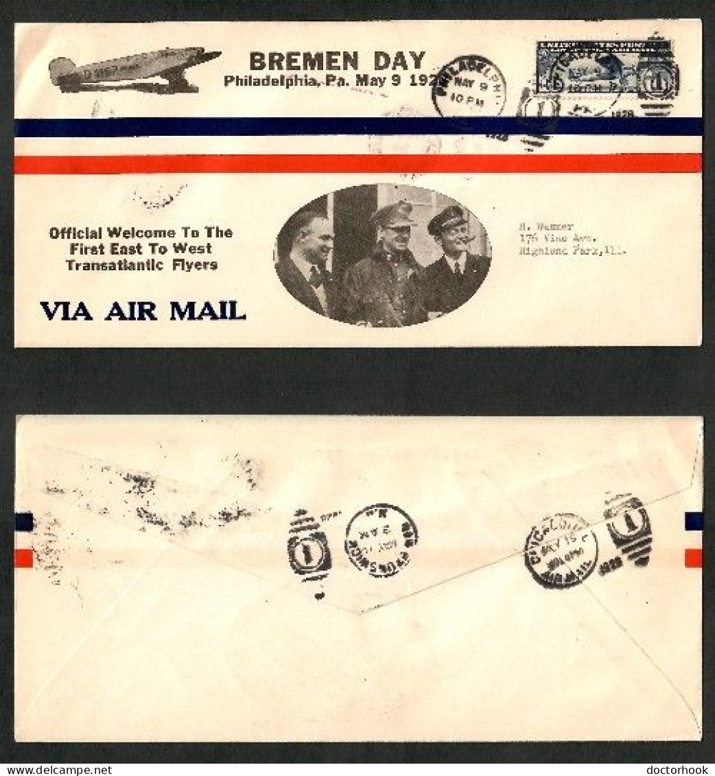 "BREMEN DAY---PHILADELPHIA" FIRST EAST WEST FLIGHT---BREMEN FLYERS (MAY 9/1928) (OS-772) - Event Covers