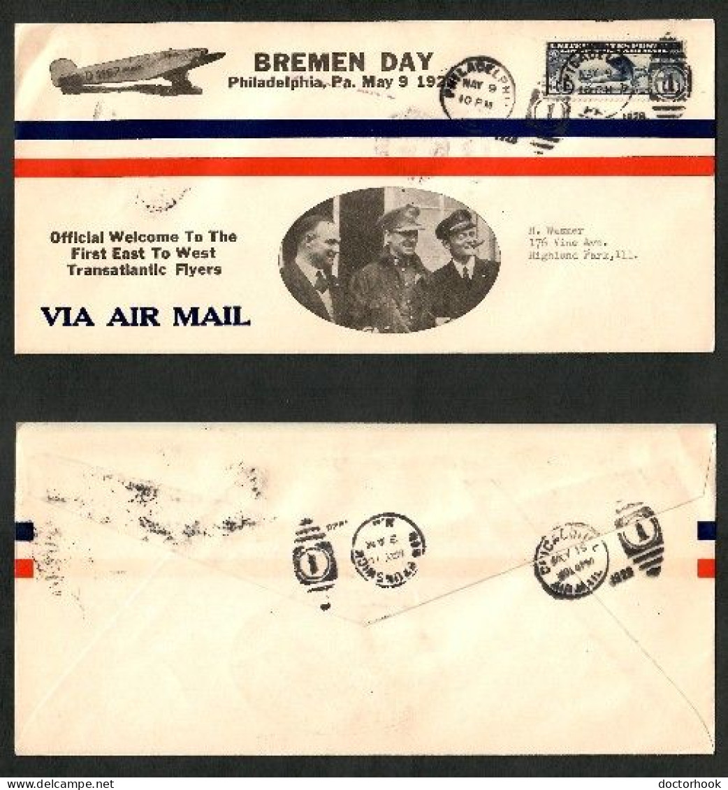 "BREMEN DAY---PHILADELPHIA" FIRST EAST WEST FLIGHT---BREMEN FLYERS (MAY 9/1928) (OS-772) - FDC