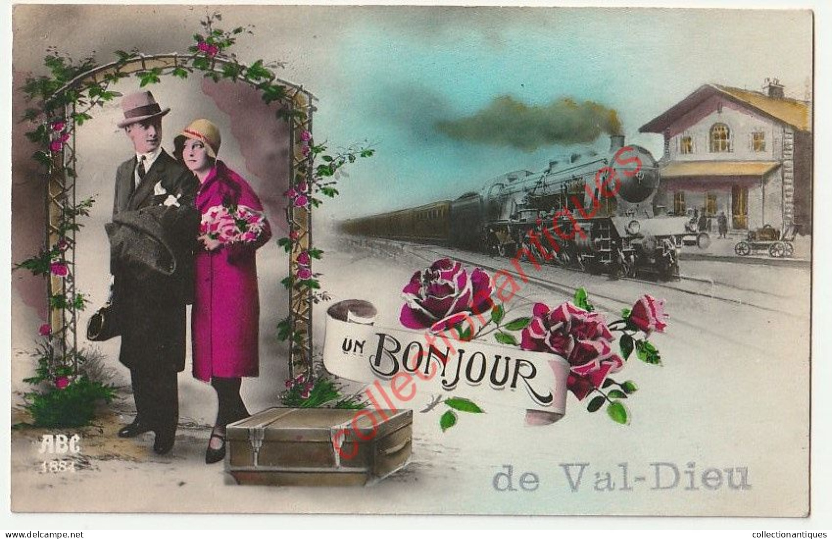 CPA Romantique - Un Bonjour De Val-Dieu - Aubel Vers Froidthier - Divisée - Circulée - Couple Train Gare Fleurs - Aubel