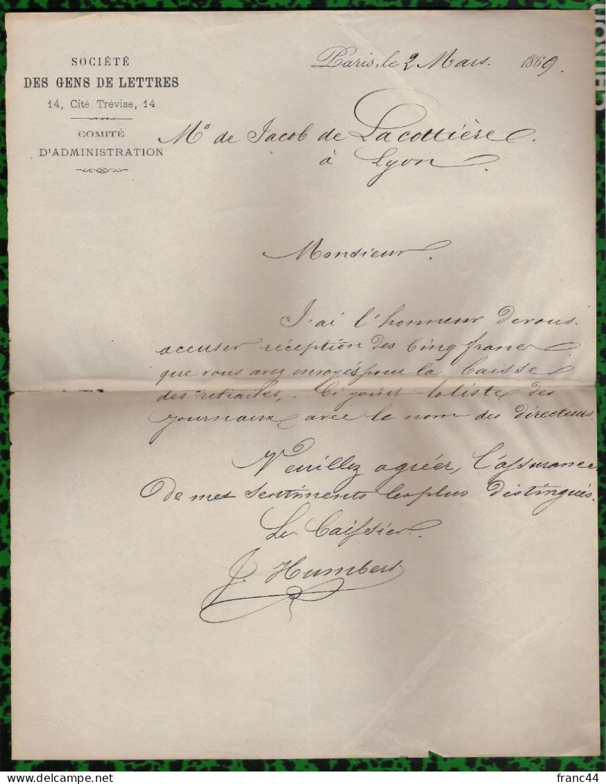 Lot De 2 L.A.S. à Entête De La Société Des Gens De Lettre (1866 Et 1869) - Scrittori