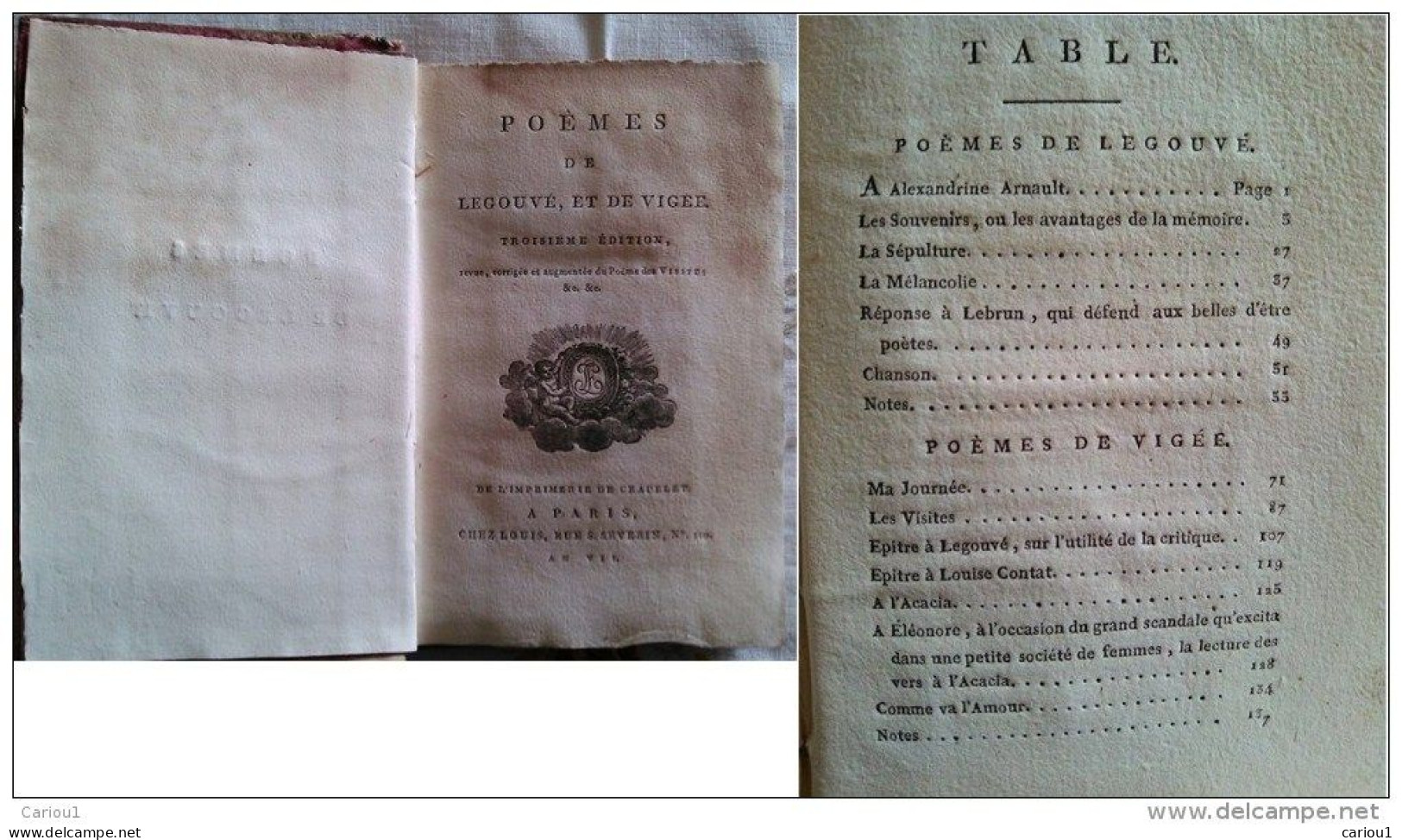 C1 Poèmes De LEGOUVE Et De VIGEE 1799 An VII 3e Edition BON ETAT Epuise PORT INCLUS FRANCE - 1701-1800