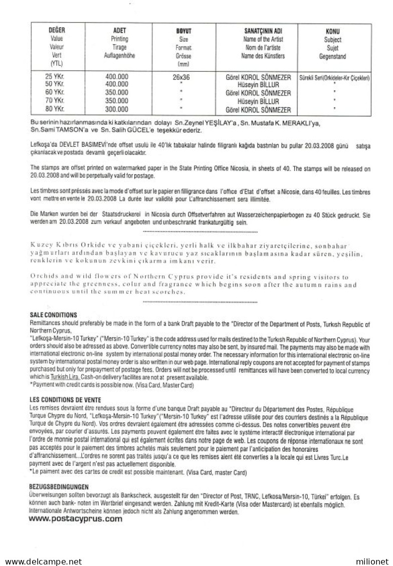 CHIPRE TURCO NORTHERN TURKISH CYPRUS ZYPERN 2008 Permanent Issue Orchids BROCHURE Nº 230 - Sonstige & Ohne Zuordnung