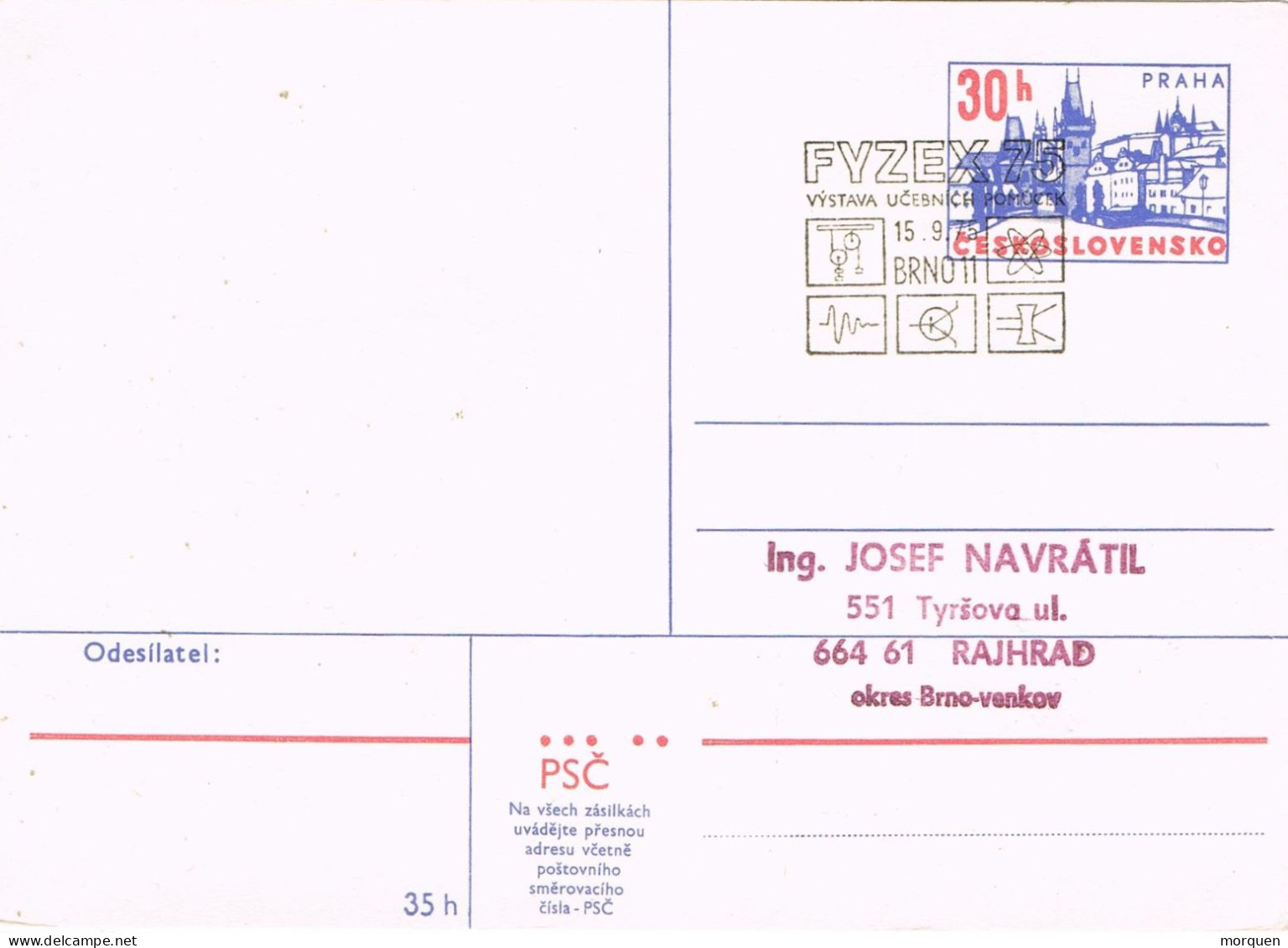 54261. Entero Postal BRNO (Checoslovaquia) 1975. Feria FIZEX 75 - Cartoline Postali