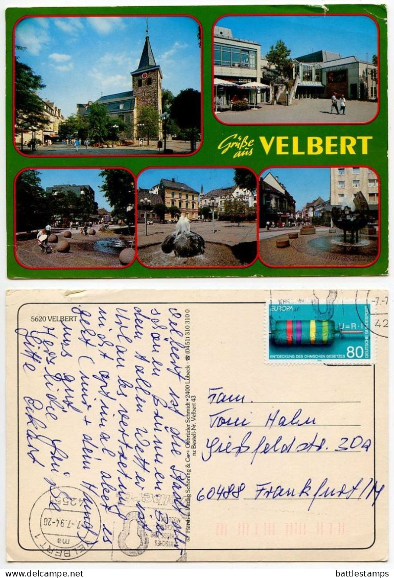 Germany 1994 Postcard Grüße Aus Velbert - Views Of Town; 80pf. Ohm's Law / Europa Stamp - Velbert