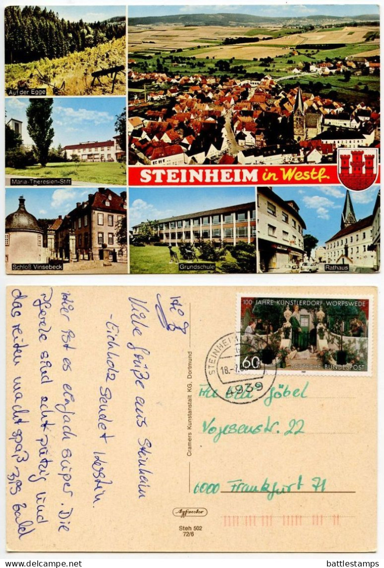 Germany, West 1990 Postcard Steinheim In Westf. - Multiple Scenic Views; 60pf. Summer Evening By Heinrich Vogler Stamp - Steinheim