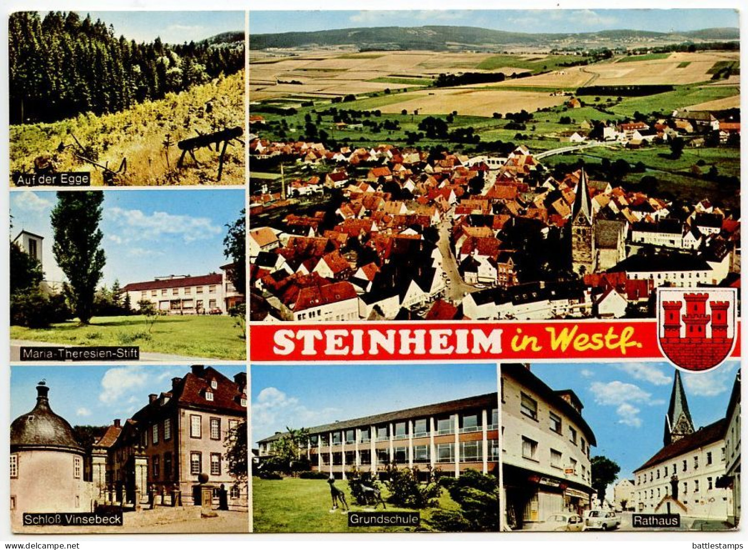 Germany, West 1990 Postcard Steinheim In Westf. - Multiple Scenic Views; 60pf. Summer Evening By Heinrich Vogler Stamp - Steinheim