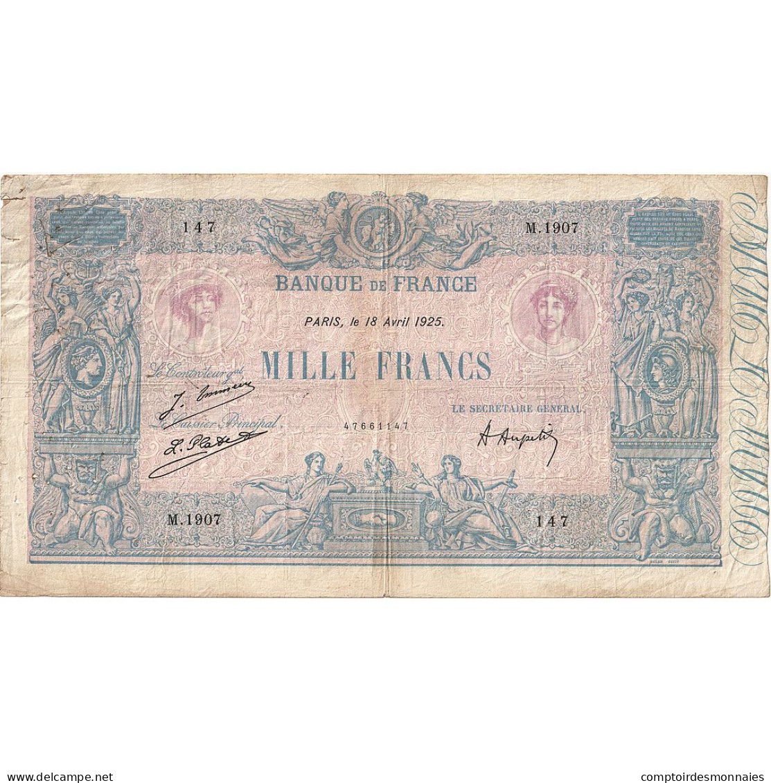 France, 1000 Francs, Bleu Et Rose, 1925, M.1907, TB, Fayette:36.41, KM:67j - 1 000 F 1889-1926 ''Bleu Et Rose''