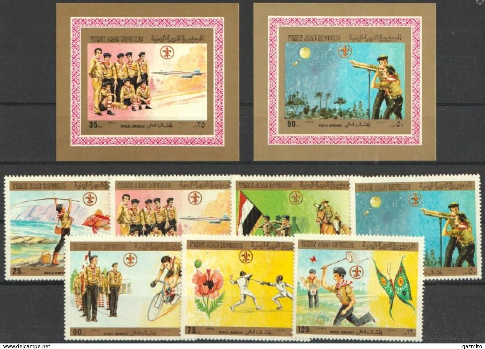 Yemen 1980, Scout, Fish, Cover, Horse, Butterfly, Cyclist, Fencing, 7val 2BF - Jemen