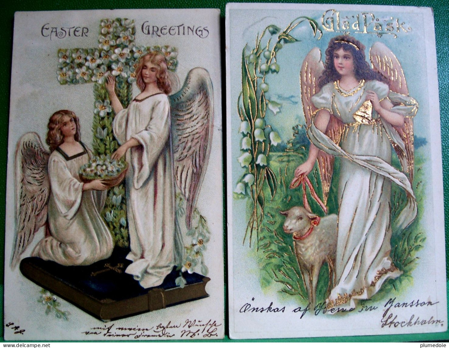 ANGE JOLI LOT X 2 Cpa Gaufrées ANGES De PÂQUES 1905 & 1907. EASTER ANGEL LOT OF 2 EMBOSSED EARLY  PC - Angels