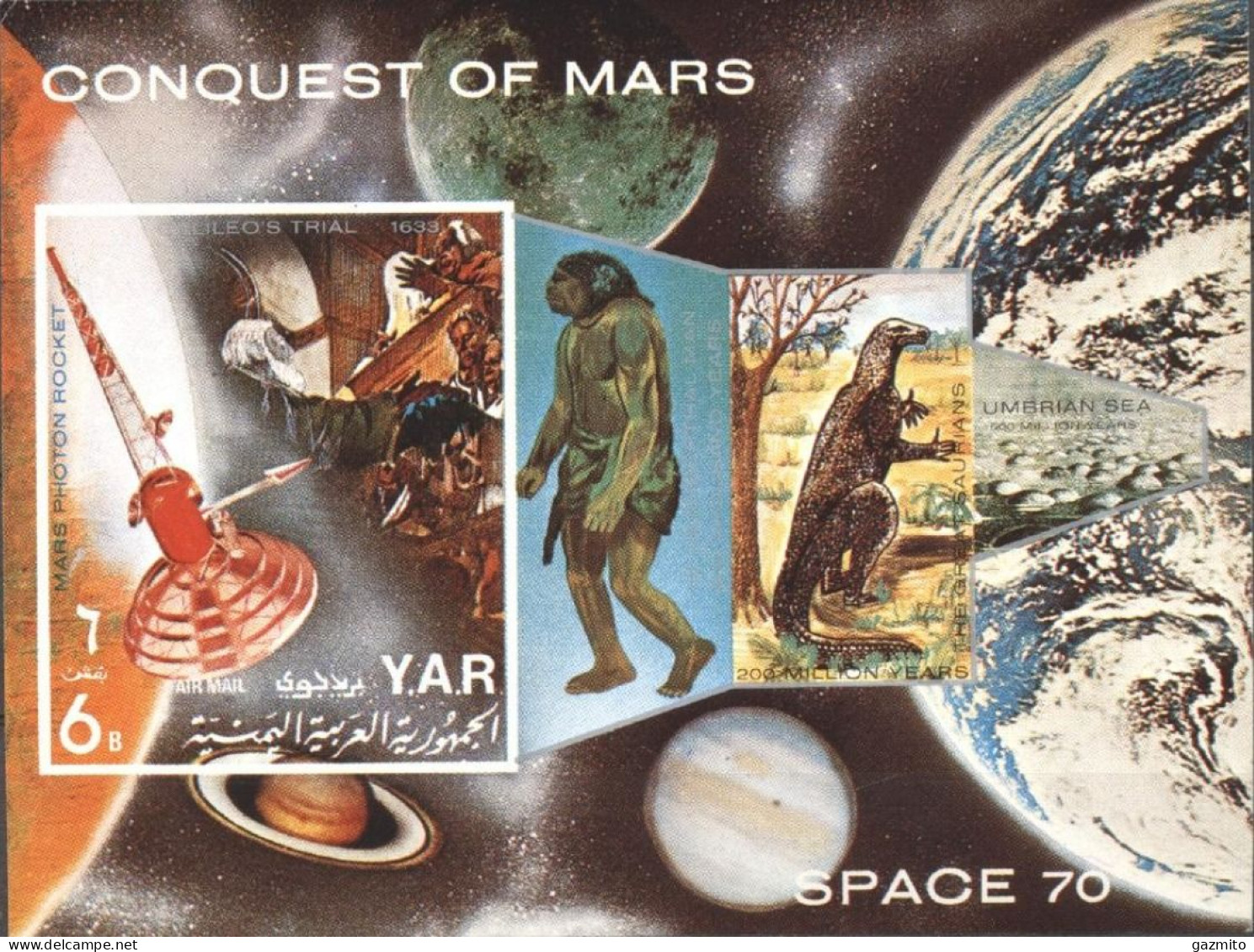 Yemen Kingdom 1970, Space, Conquest Of Mars, Dinosaurs, BF - Prehistoria