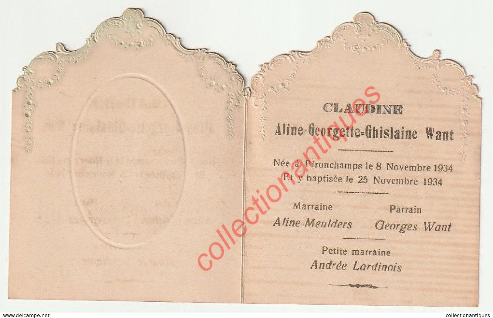 Souvenir De Baptême - Claudine Aline Georgette Ghislaine Want - Novembre 1934 - Pironchamps - 10 X 8 Cm - Naissance & Baptême