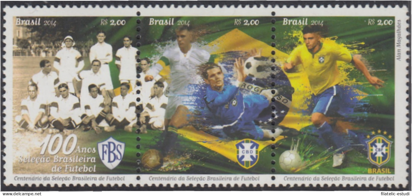 Brasil Brazil 3347/49 2014 100 Años De La Selección De Fútbol Brasileña MNH - Sonstige & Ohne Zuordnung