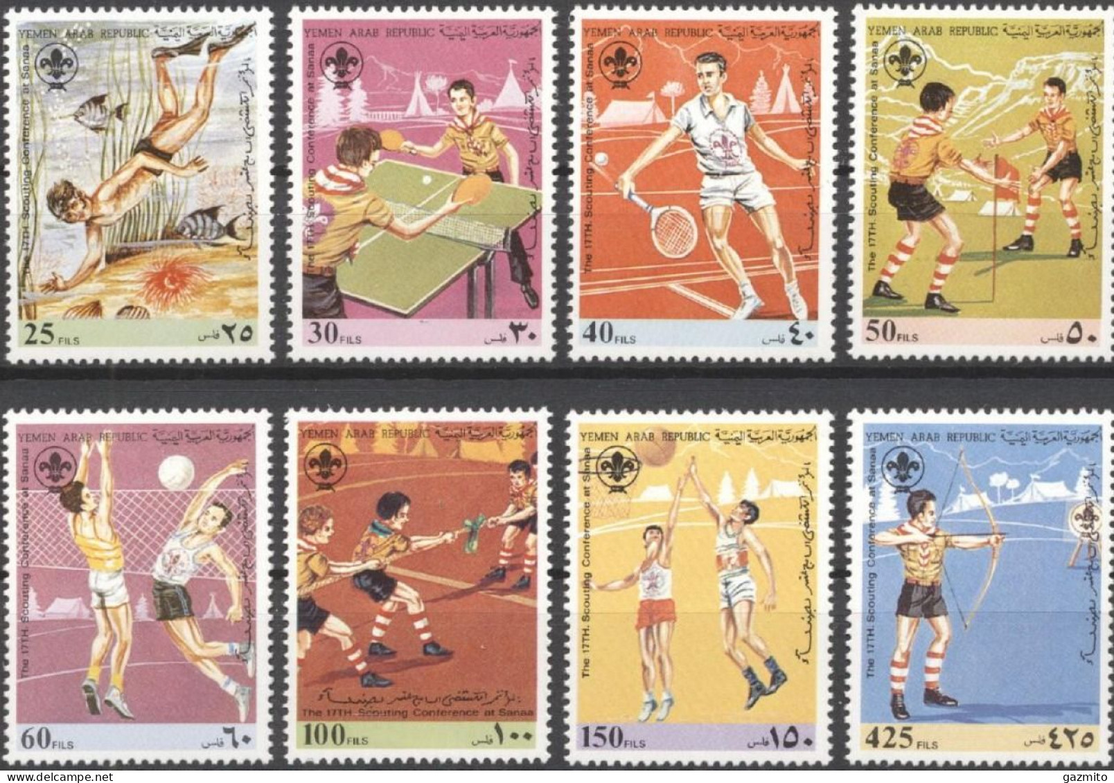 Yemen 1988, Diving, Volleyball, Tennis Table, Tennis, Scout, Basketball, Archery, 8val - Voleibol