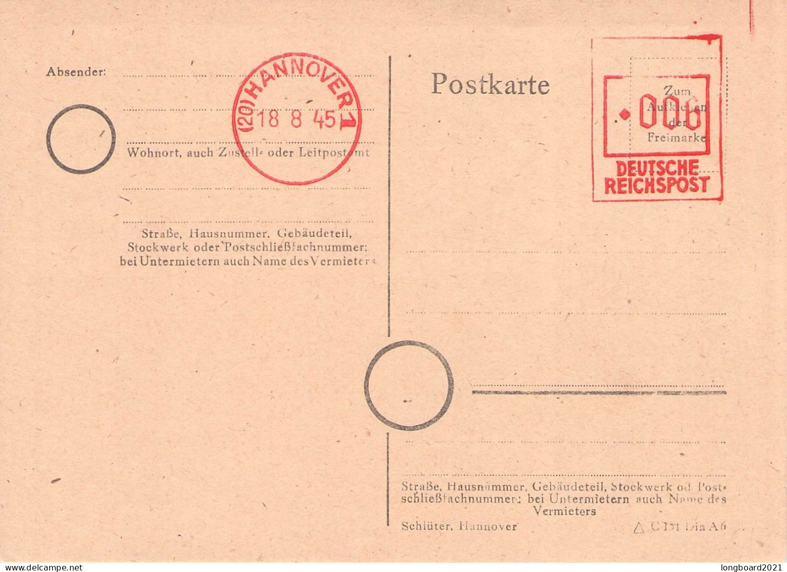 ALLIIERTE BESATZUNG - POSTKARTE NOTAUSGABE HANNOVER 18.8.1945 / 6127 - Emissioni D'emergenza Zona Britannica