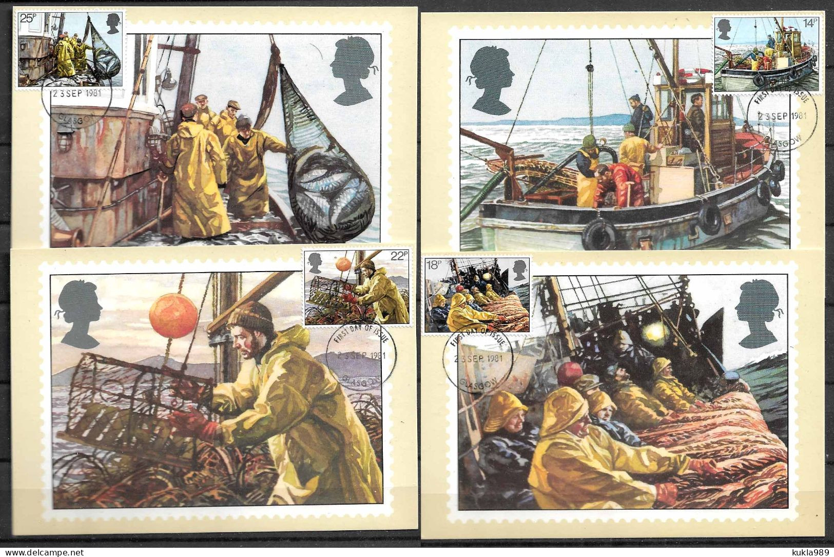 GB STAMPS. 1981 SET OF 4 MAXIMUM CARDS MC  FISHING, UNUSED - Maximum Cards