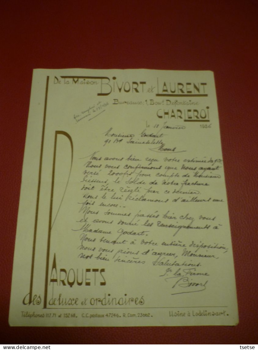 Facture / Document - Bivort & Laurent - Parquets De Luxe Et Ordinaires - Charleroi - 1936 - 1950 - ...