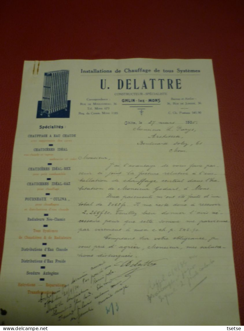 Facture / Document - U. Delattre - Installation Chauffage - Ghlin-lez-Mons - 1935 - 1950 - ...