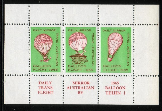 AUSTRALIA 1965 DAILY MIRROR TRANS AUSTRALIAN BALLOON FLIGHT BY TEIJIN 1 SHEETLET MNH - Blocks & Sheetlets