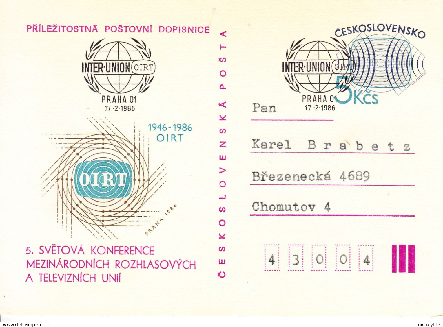 Tchécoslovaquie-Praha-Prague-17/02/1986-INTER UNION-OIRT-Télévision - Postales