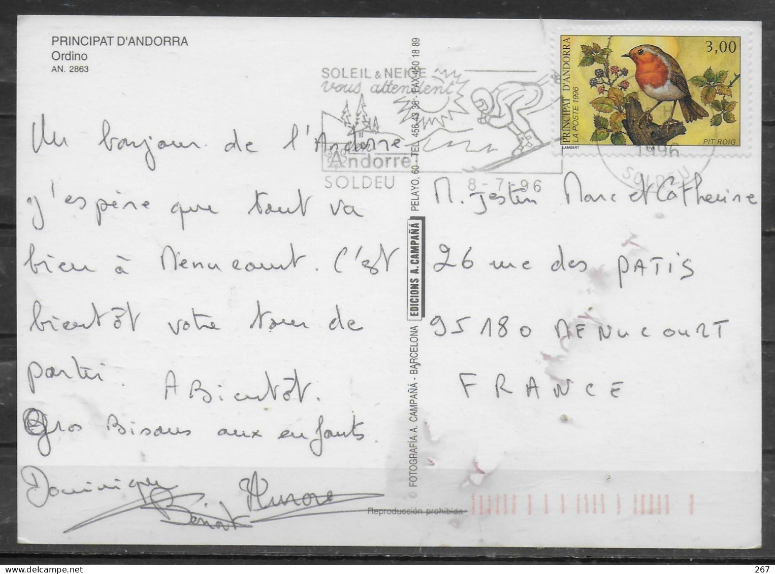 ANDORRE Carte 1996 Soldeu  Ski Oiseaux - Sci