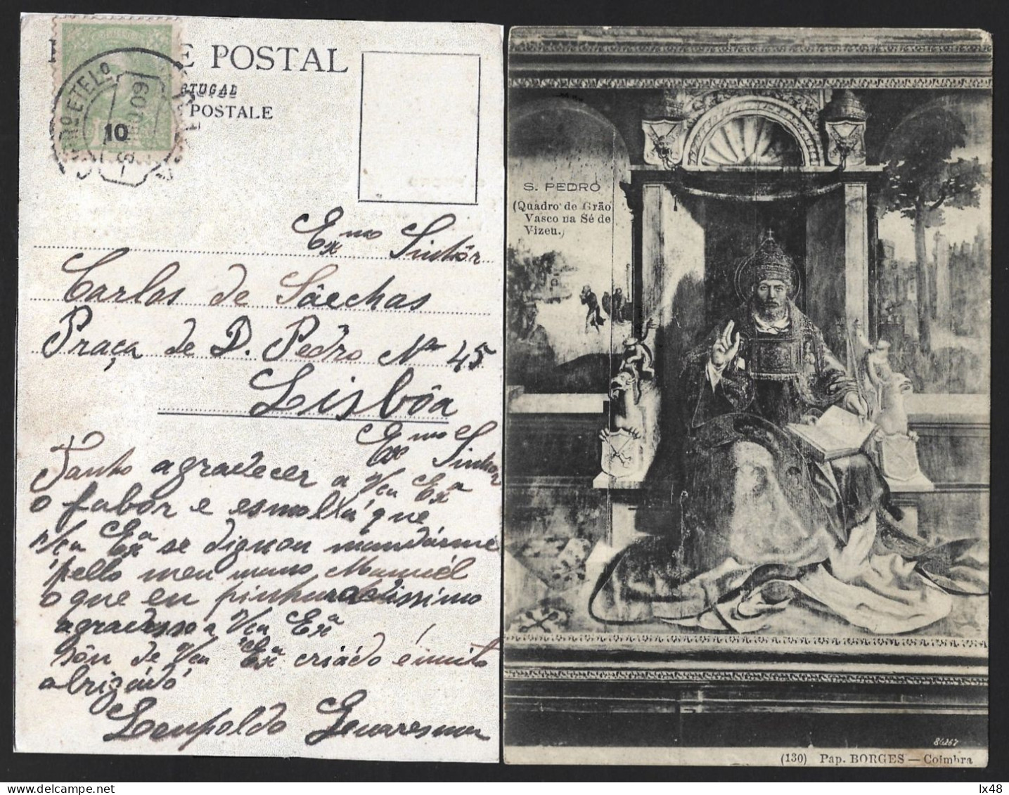 Postal Com Pintura 'S. Pedro' Quadro De Grão Vasco, Na Sé Viseu. Selo De 10 Rs D. Carlos Obliterado Em 1909 Em Viseu. - Storia Postale