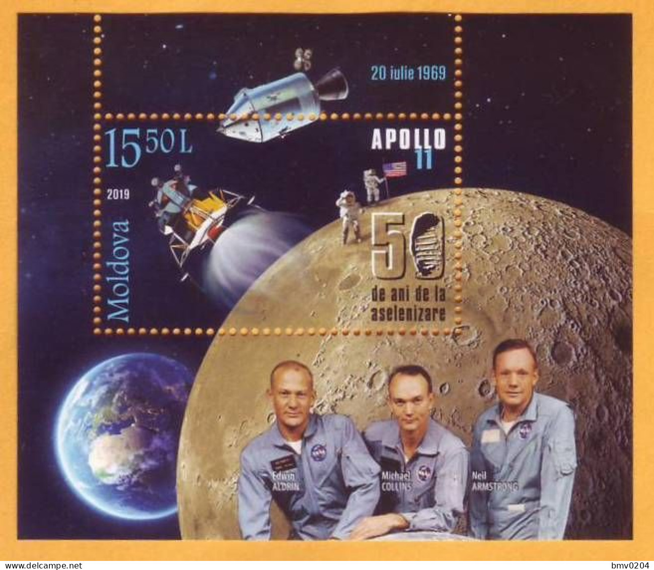 2019 Moldova Moldavie  Space. 50th Anniversary Of The Moon Landing. Apollo. Aldrin. Collins. Armstrong 1v Mint - Europe