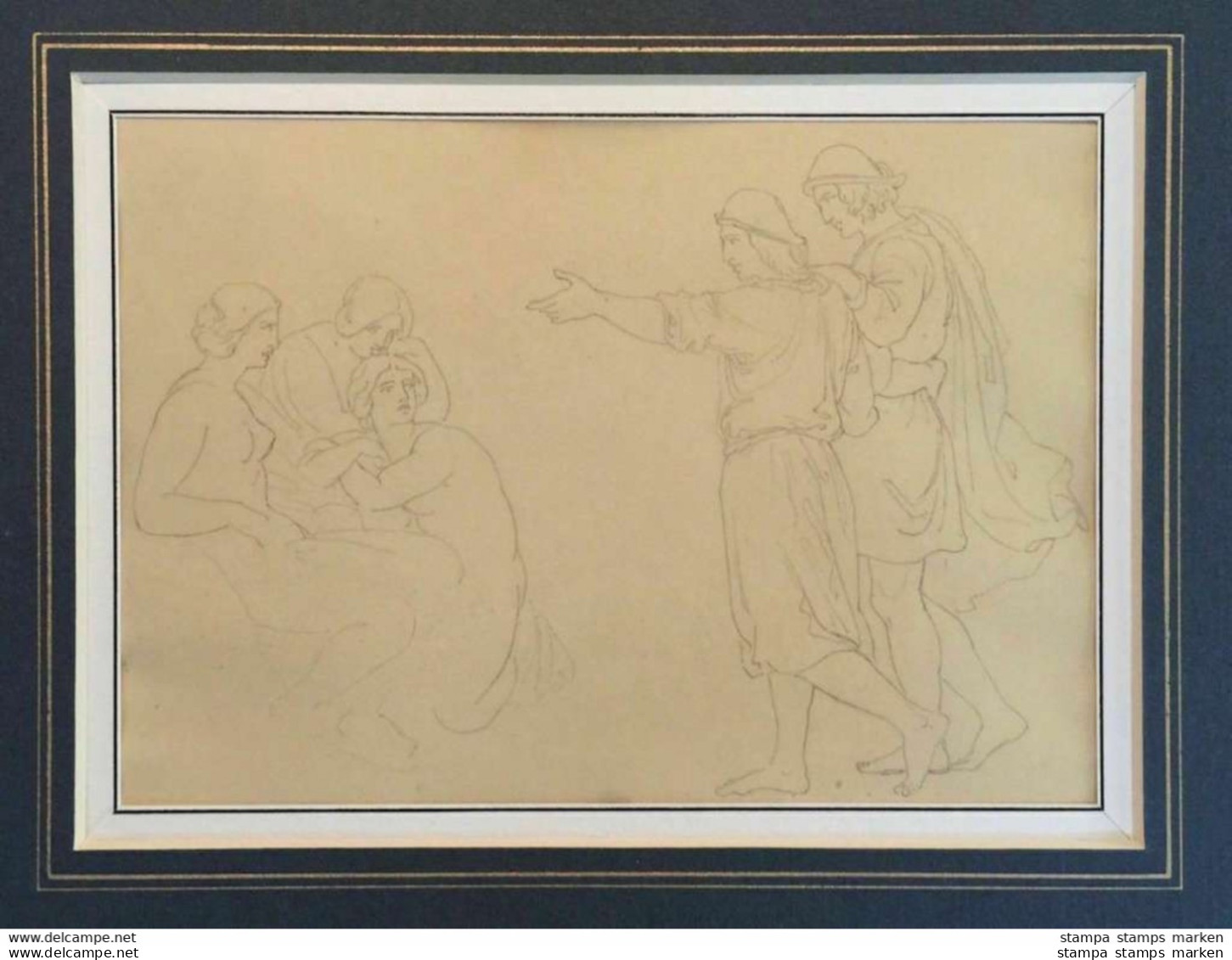 Original-Zeichnung "Drei Frauen Zwei Männer" Von Harald Conradsen (Kopenhagen 1817-1905) - Disegni