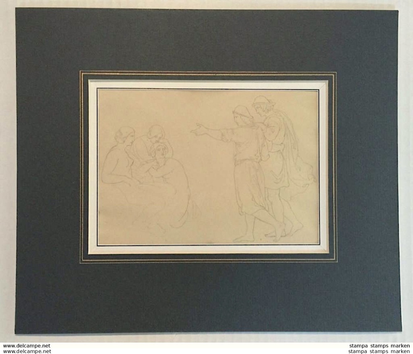 Original-Zeichnung "Drei Frauen Zwei Männer" Von Harald Conradsen (Kopenhagen 1817-1905) - Dessins