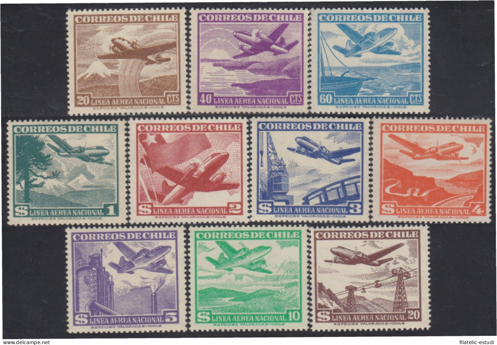 Chile A- 140/49 1951/55 Timbres De 1950-53 Sin Filigrane Aviones MH - Chili