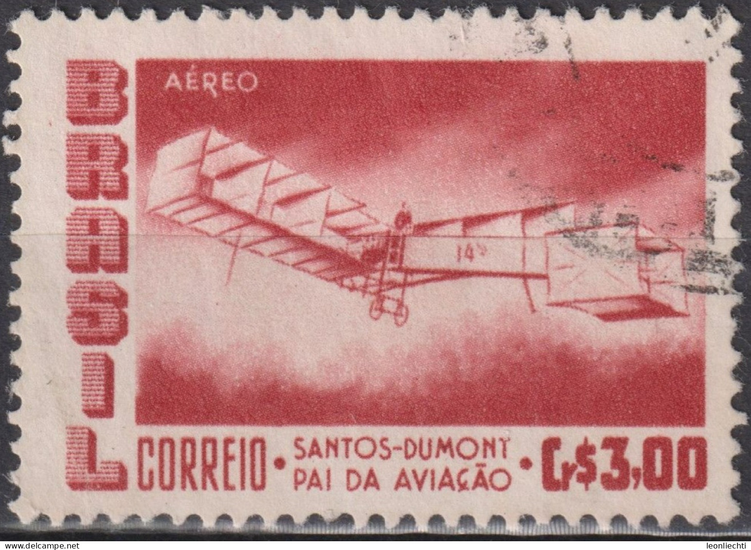 1956 Brasilien AEREO ° Mi:BR A906, Sn:BR C86b, Yt:BR PA74, Santos-Dumont's 1906 Biplane "14 Bis" - Gebraucht