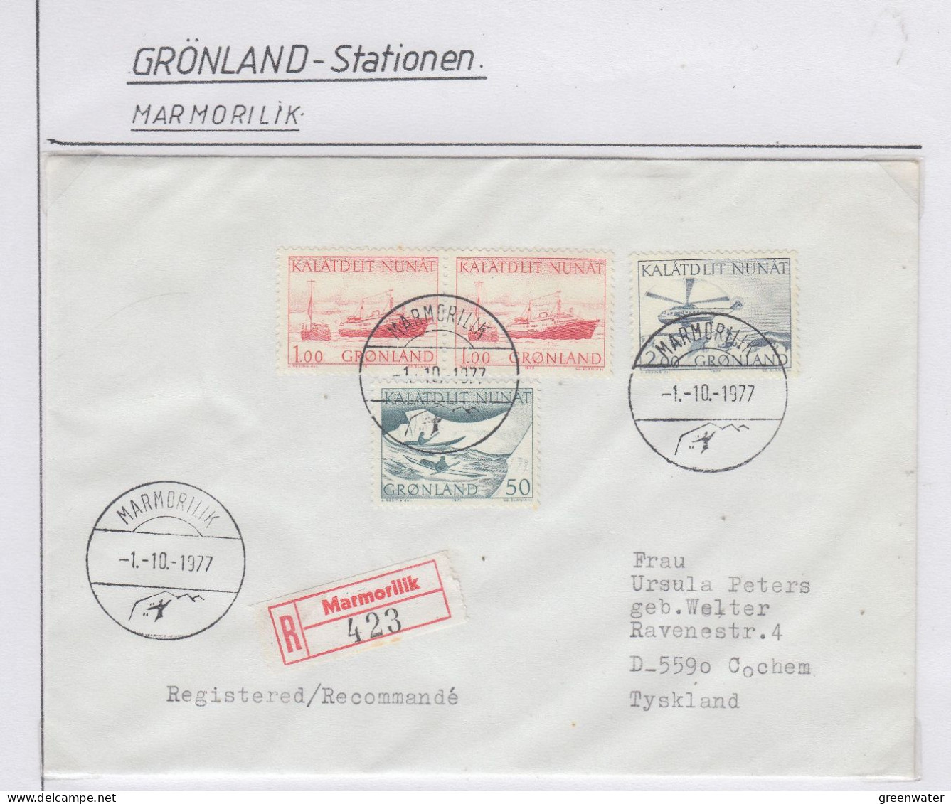 Greenland Station Marmorilik Registered Letter Ca 1.10.1977 KG196) - Stazioni Scientifiche E Stazioni Artici Alla Deriva