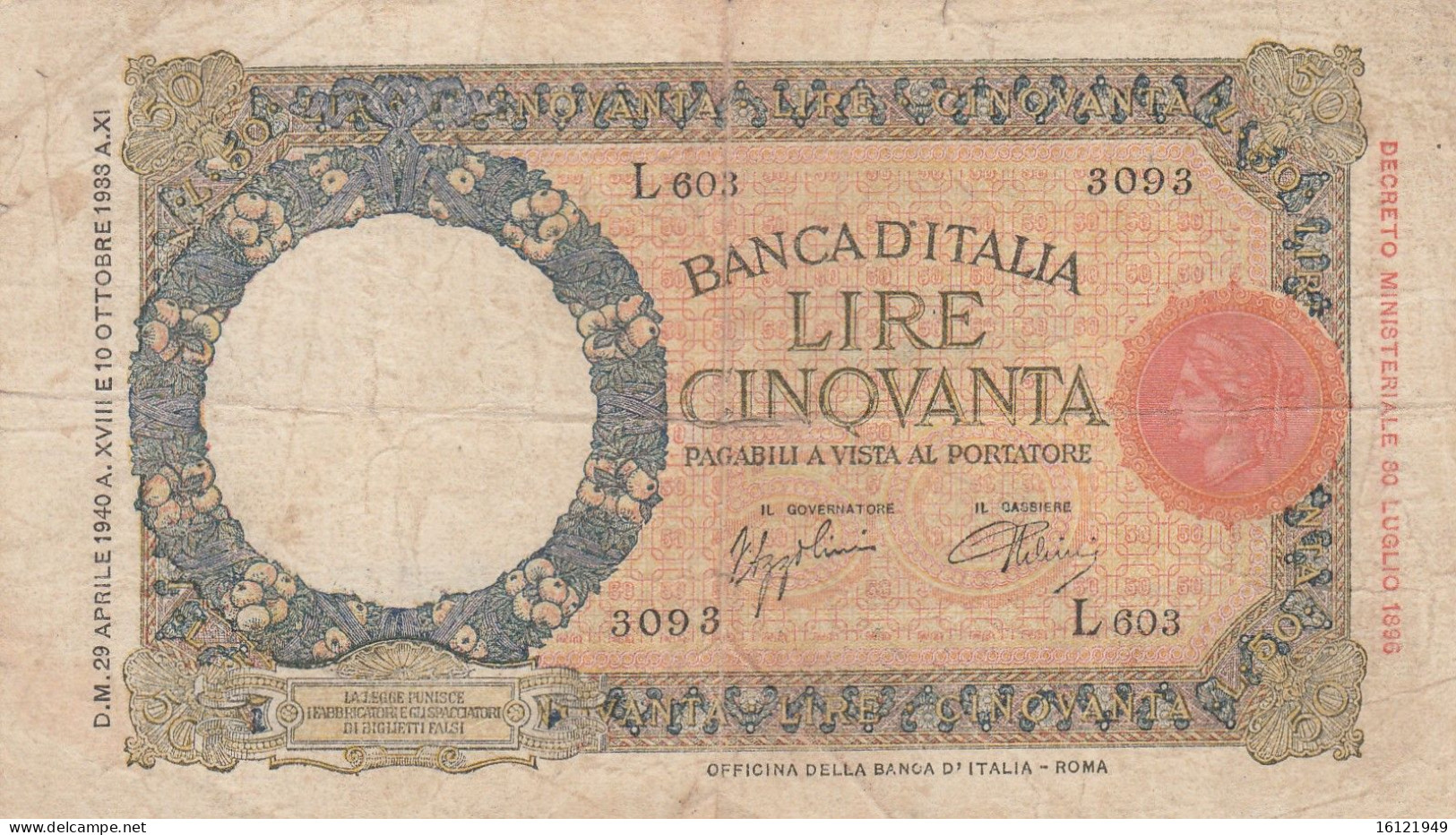 50 Lire Fascetto 1940 - 50 Liras