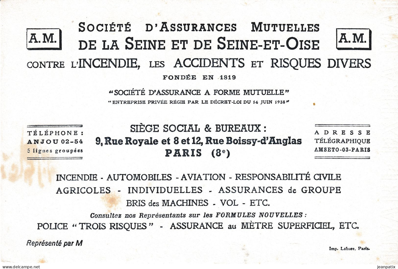 BUVARD & BLOTTER - Société D'assurances Lutuelles De Le Seine Et De Seine Et Oise - Fondée En 1819 - Banca & Assicurazione