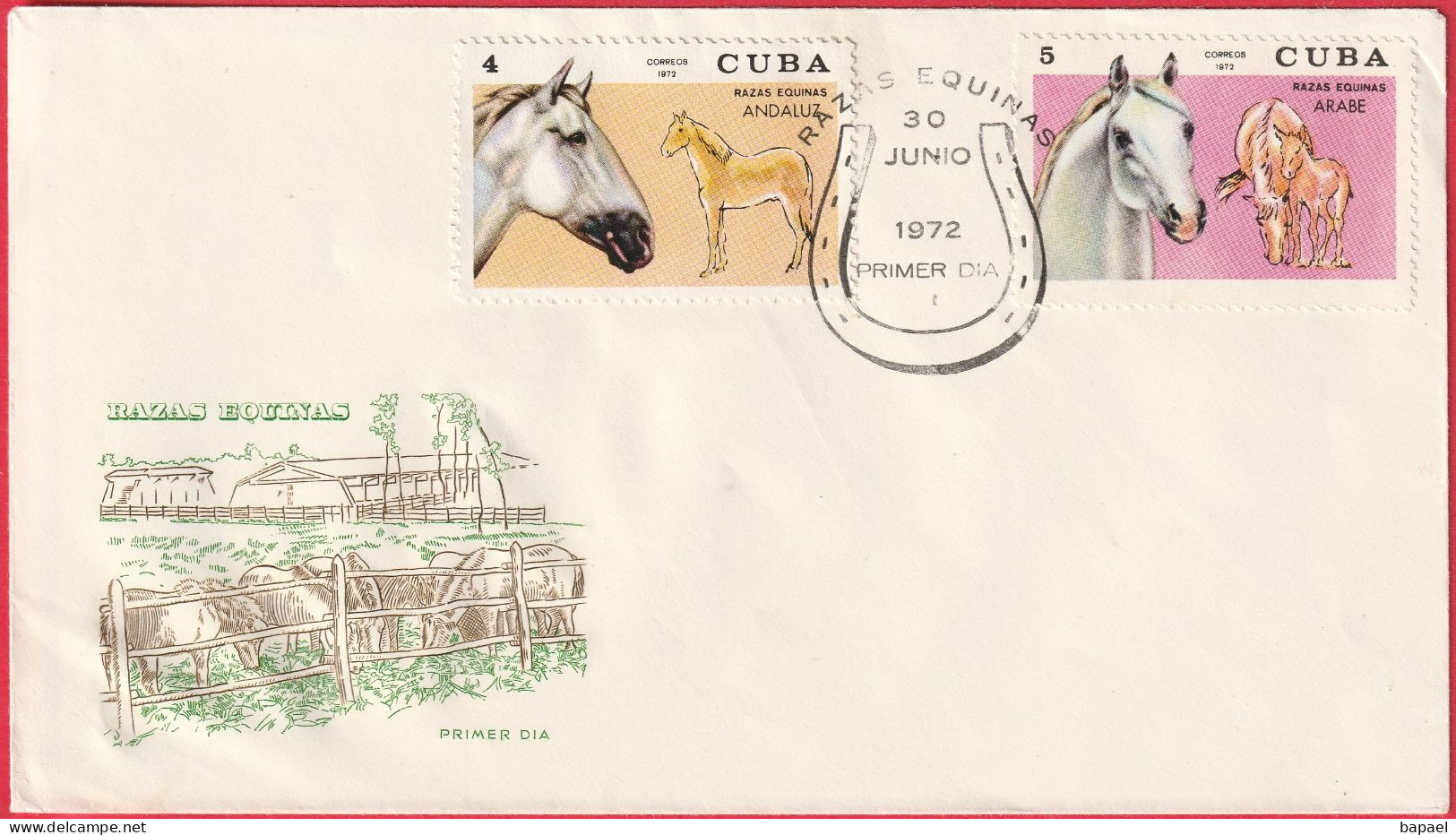 Cuba (30-6-72) - Enveloppe FDC - Courses Foulayan - Races De Chevaux Andalous Et Arabes - FDC