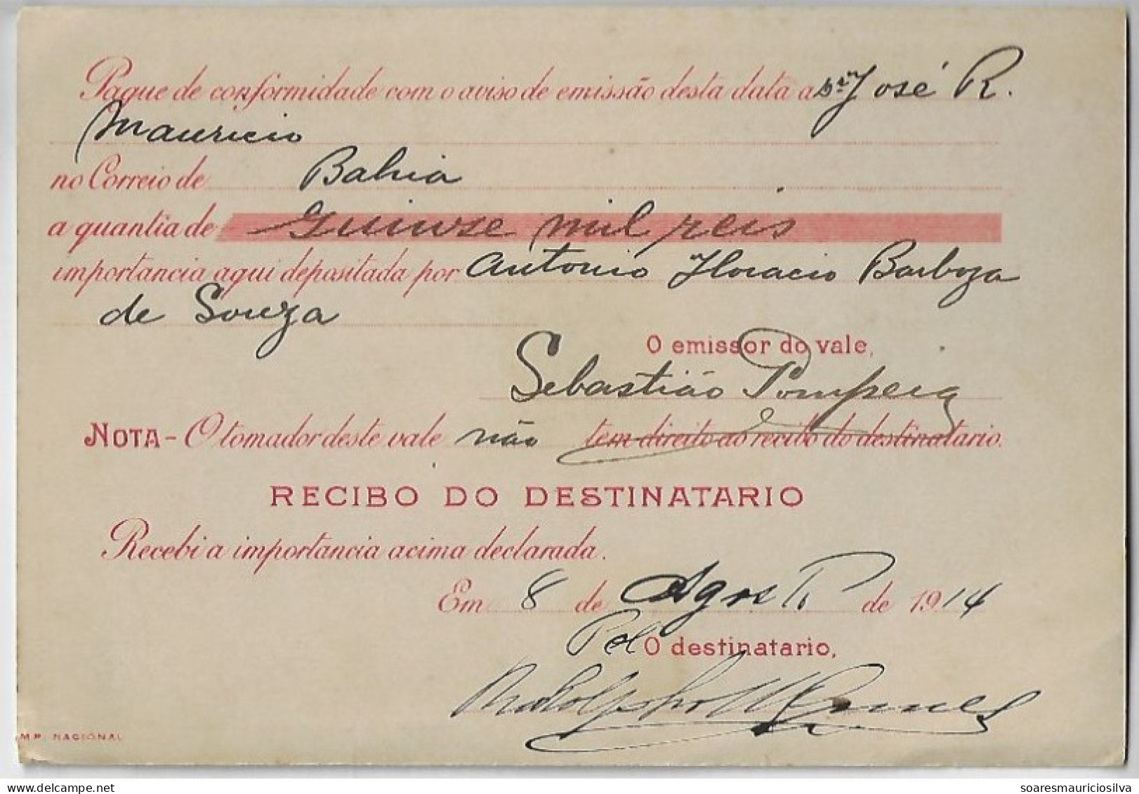 Brazil 1914 Money Order Sent From São Paulo To Salvador Bahia Vale Postal Stamp 5$000 10$000 Réis + Definitiva 300 Rs - Brieven En Documenten