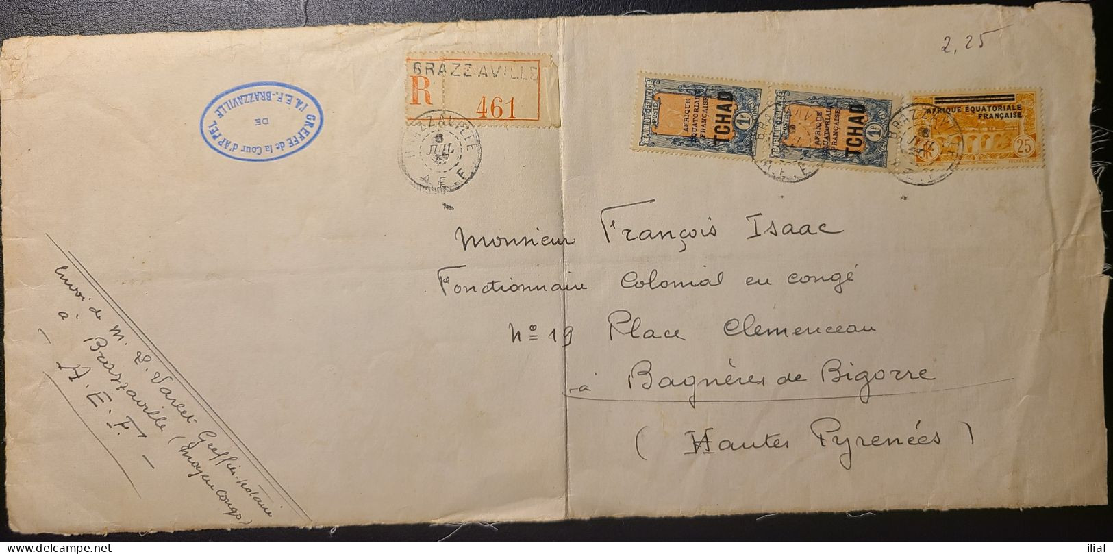 Chad Stamp TD Sc.43 And FR-EQ Sc.18 On Front Of Registered Letter, Sent 6.07.1937 From Brazzaville To Hautes-Pyrénées Fr - Covers & Documents