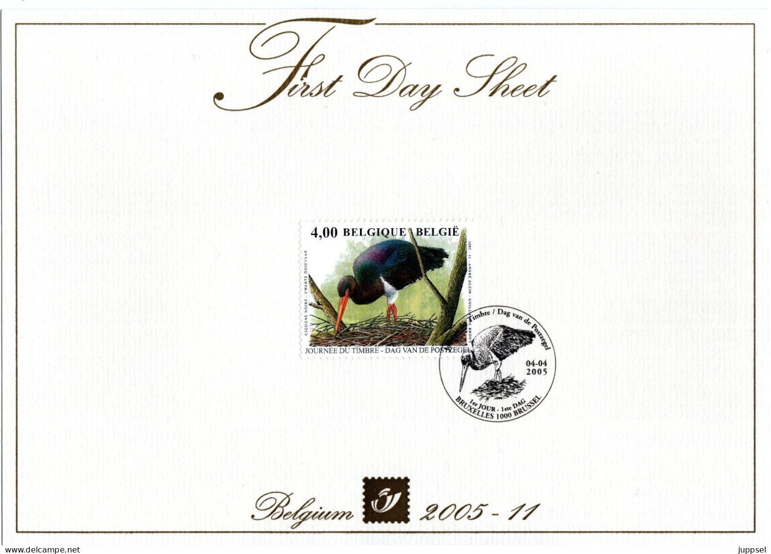 FD Sheet  BELGIUM, Black Stork    /   Carte De Première Jour, BELGIQUE, Cigogne Noir     2005 - Storks & Long-legged Wading Birds