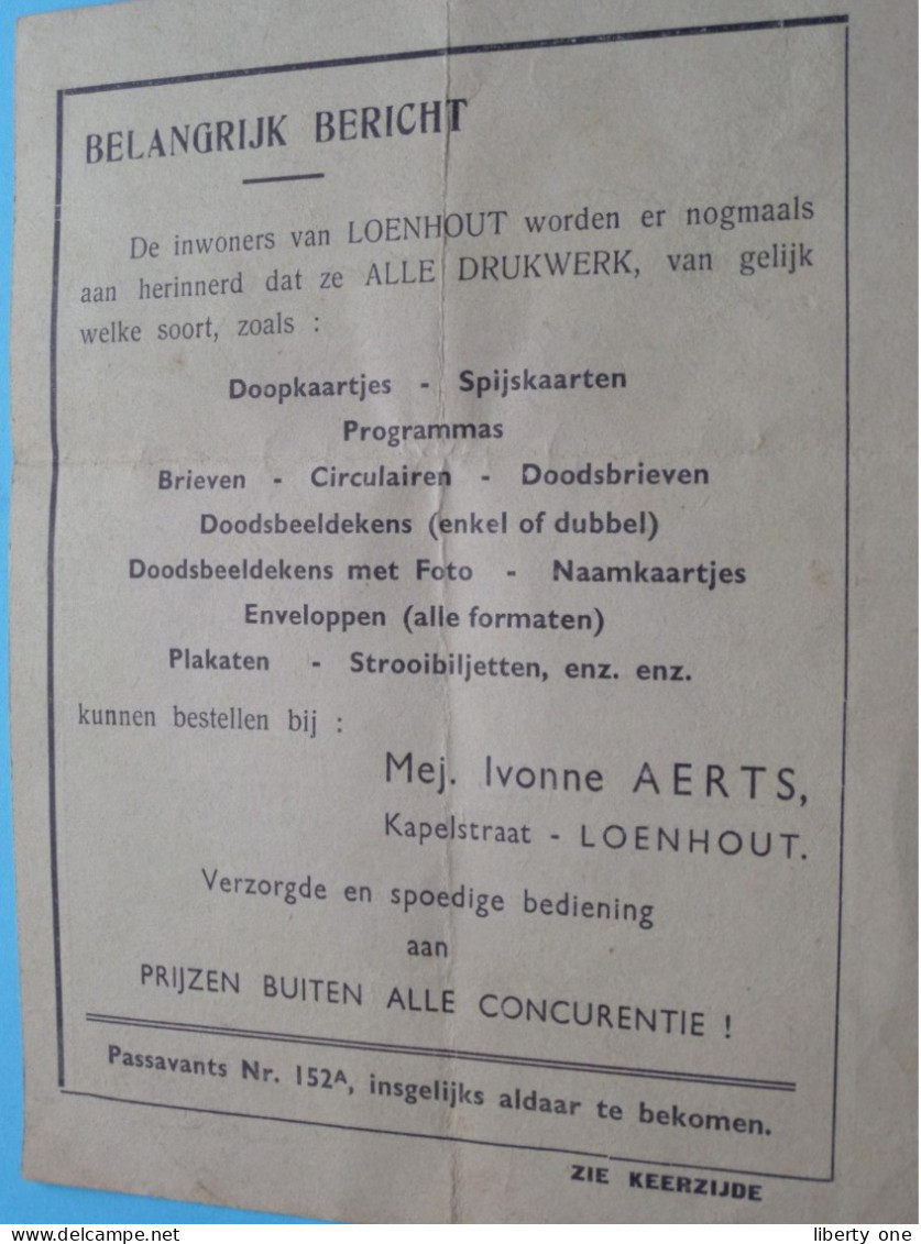 BELANGRIJK BERICHT Voor De Inwoners Van LOENHOUT !  Anno 19?? ( Zie SCANS > Voor En Achter ) Geplooid ! - Werbung