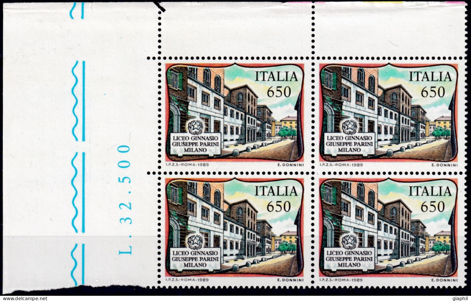 ITALY ITALIA REPUBBLICA 1989 LICEO PARINI (Sass. 1857) QUARTINA INTEGRA - 1981-90: Neufs