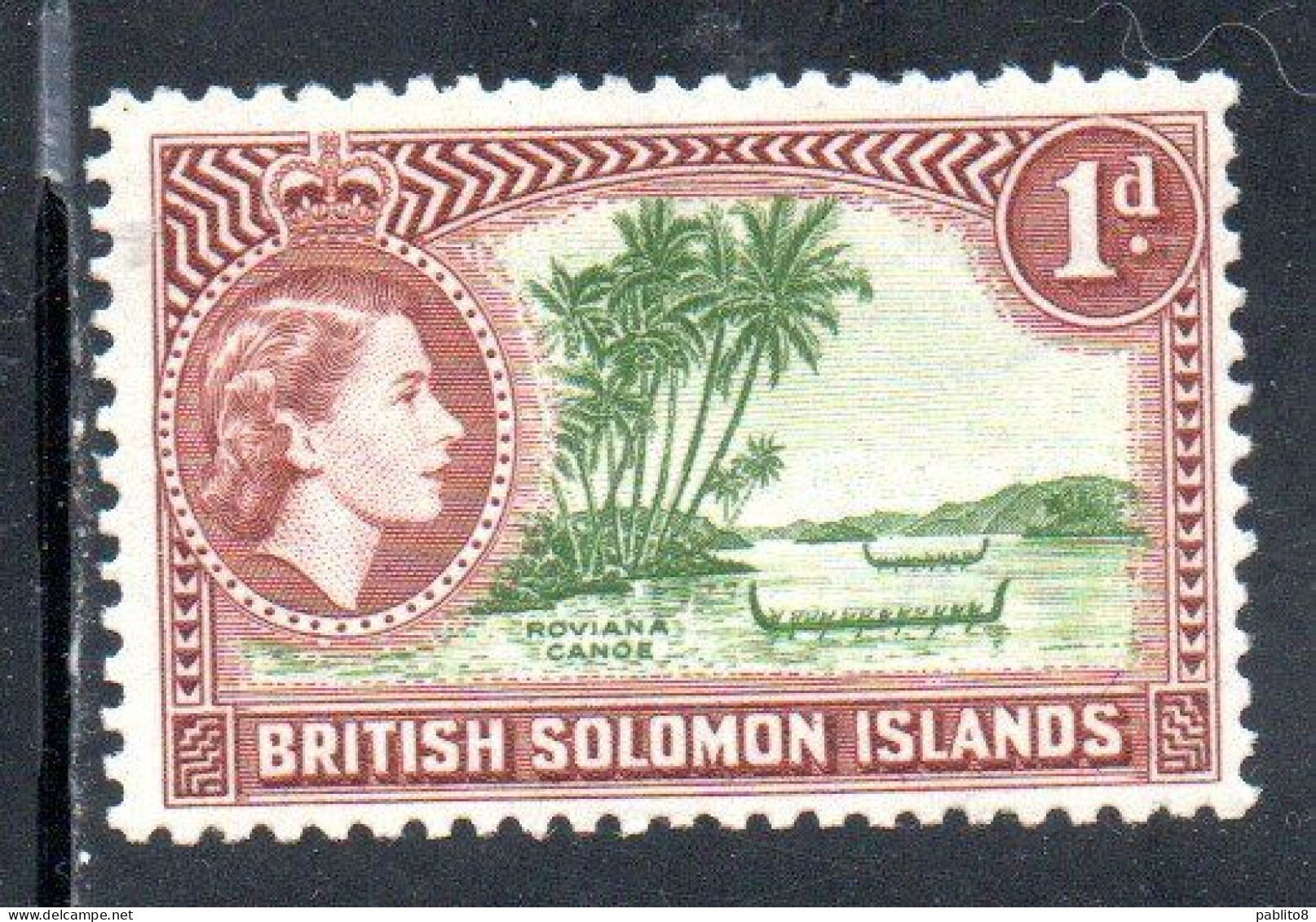 BRITISH SOLOMON ISLANDS ISOLE SALOMONE 1955 1960 ROVIANA CANOE  QUEEN ELIZABETH II 1p MNH - Salomonseilanden (...-1978)